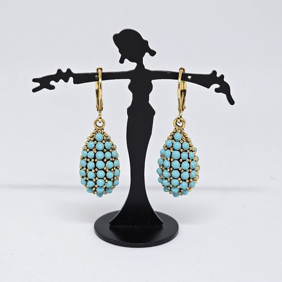 Joan Rivers Faux Turquoise Encrusted Egg Lever Back Pierced Earrings Teardrop - Picture 7 of 12